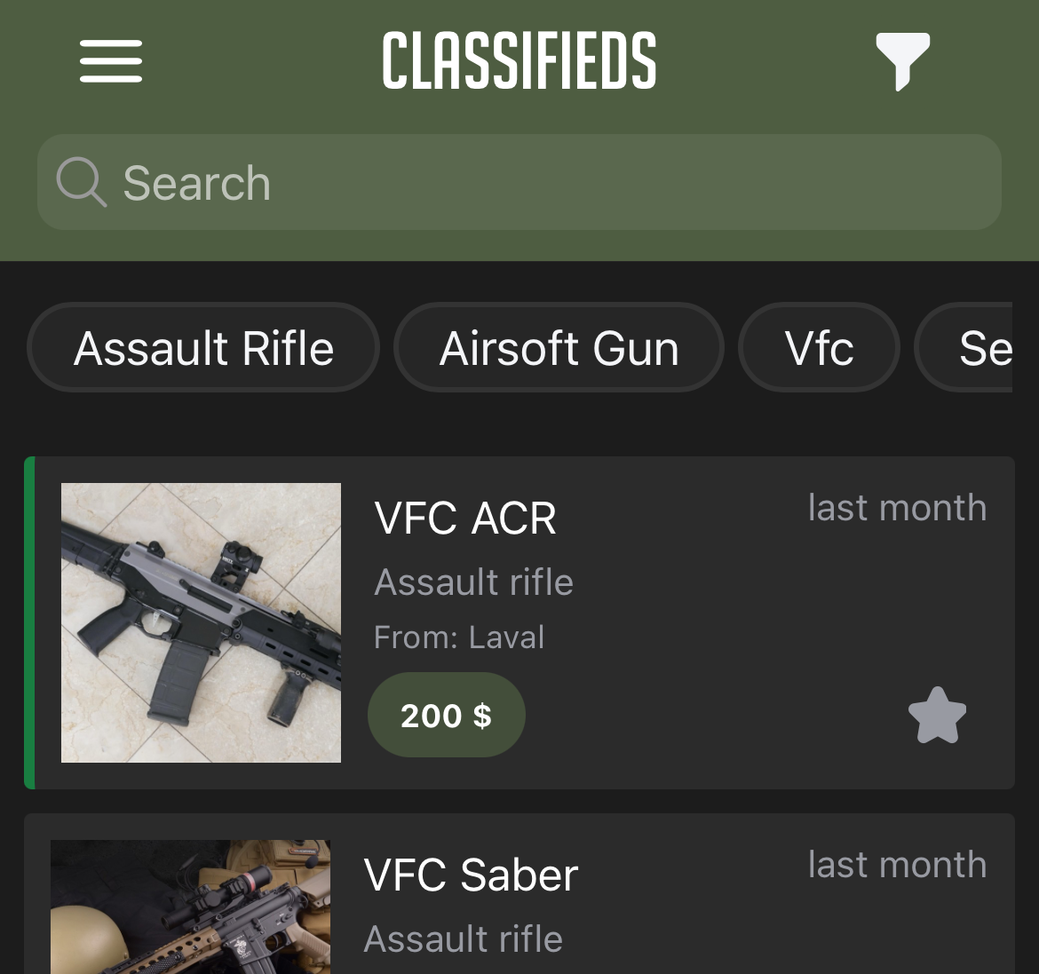 AirsoftWars search and filter screen